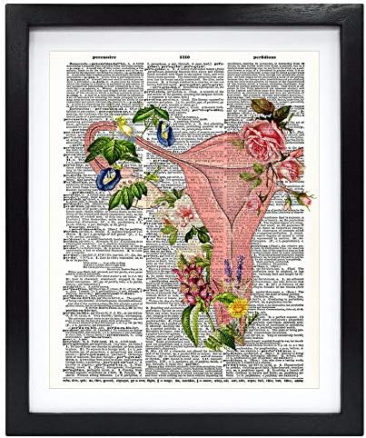 Susie Művészeti 8X10-es keret nélküli Virágos Méh Nő Ajándék Feminista Művészet Anatómiai Terhesség Ajándék Upcycled Vintage Szótár