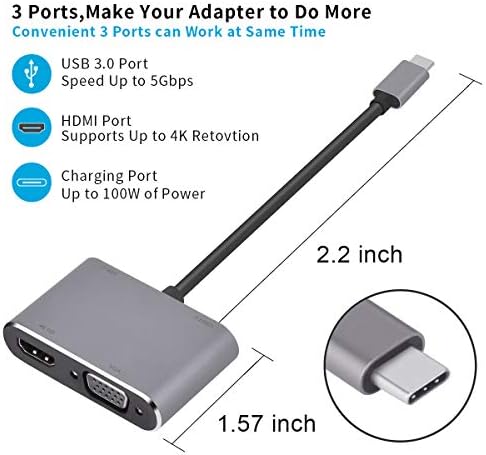 USB-C-HDMI-VGA Adapter，C-Típusú HDMI-VGA Adapter，4in1 USB-C Kompatibilis a MacBook Pro/iPad Pro/Samsung/Dell XPS (Szürke)